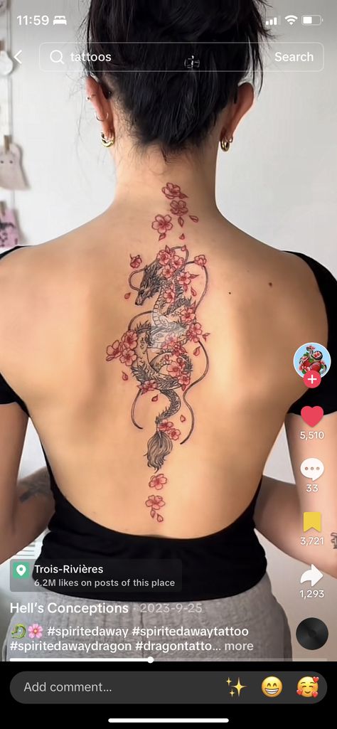 Back Tattoo Women Blossom Tree, Cherry Tree Tattoo Back, Dragon Tattoo Spine Women, Red Dragon Back Tattoo For Women, Back Tattoo Women Cherry Blossom, Chinese Dragon Spine Tattoo, Tree Spine Tattoos For Women, Red Back Tattoo Women, Red And Black Back Tattoo