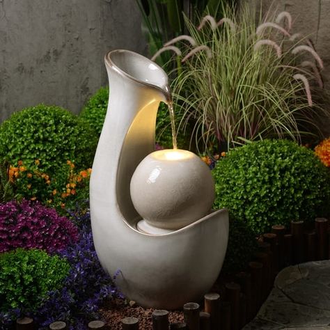 Ceramic Fountain with Lights - Ivory Elegance - Bed Bath & Beyond - 40011746 Water Feature At Front Door, Water Body Design, Maze Ideas, Ceramic Fountain, Stairs Decoration, Hedge Maze, Patio Fountain, Modern Water Feature, Concrete Patio Makeover