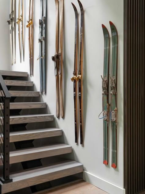 70s Ski Chalet Interior, Ski Store Design, Ski House Dining Room, Ski Resort Interior Design, Ski Lodge Aesthetic Interior, Vintage Skis On Wall, Skis On Wall Decor, Modern Chalet Interior Design, Ski Cabin Interior