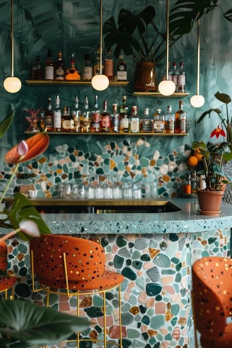 Chic Bar Backsplash Ideas to Elevate Your Space Retro Bar Interior Design, Tile Bar Front Ideas, Bar Tiles Design, Commercial Bar Ideas, Funky Bar Design, Tile Backsplash Bar, Bar Mood Board, Bar Backsplash Ideas, Bar Front Ideas