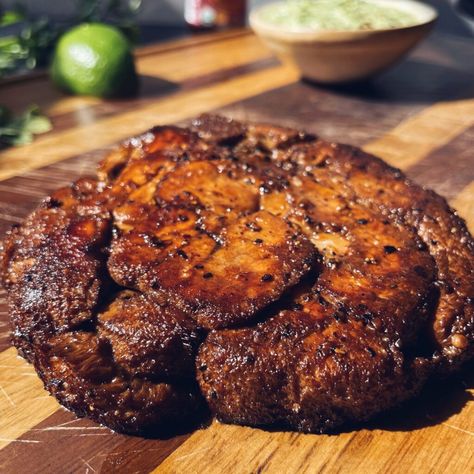 Argentinian Lions Mane Steak with Dijon Chimmichurri - Faraway Kitchen Lions Main Steak, Vegan Lions Mane Steak, Lion's Mane Steak, Lion Mane Mushroom Steak, Lions Mane Steaks, Lions Mane Mushroom Steak Recipe, Lions Mane Sandwich, Lions Mane Mushroom Recipe Breakfast, Lions Mane Taco Recipe