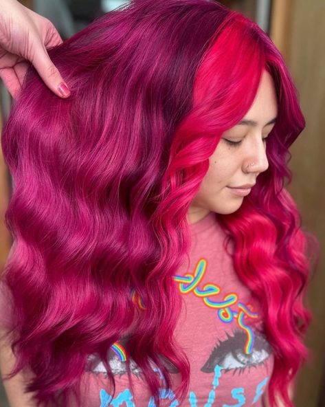 Red And Magenta Hair, Red Magenta Hair Color, Midnight Magenta Hair, Bright Magenta Hair, Curly Hair Magenta, Faded Magenta Hair, Magenta Hair, Dream Hair, Bright Pink