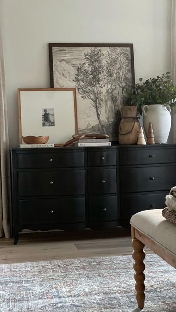 Hardware For Black Dresser, Black Wood Dresser Bedroom Furniture, Mixing Black And Wood Furniture, Moody Bedroom Dresser Decor, Black Natural Dresser, Dresser Black Hardware, Bedroom With Black Dresser, Black Dresser Decor Bedroom, Dresser Decor Bedroom Ideas