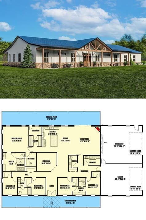 Barndominium House Plans, Barndominium House, Barndominium Plans, Barn Style House Plans, Floor Plan 4 Bedroom, Barndominium Floor Plans, Porch Flooring, Barn Style House, Planning Printables