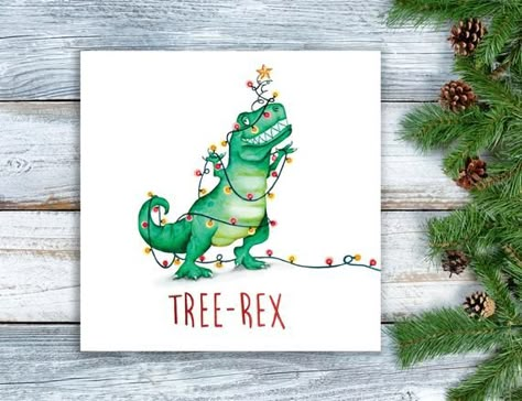 T Rex Christmas Tree, Company Christmas Cards, Tree Rex, Christmas Cards Kids, Christmas Rock, Watercolour Paint, Watercolor Christmas Cards, Christmas Card Crafts, Cool Christmas Trees