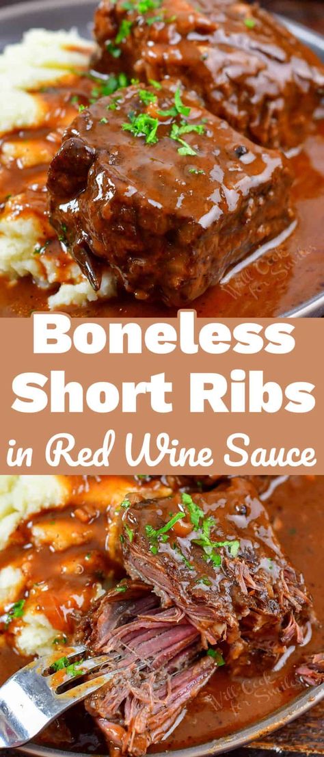 Boneless Short Ribs Recipe, Short Ribs With Red Wine, Short Rib Recipes Oven, Recipe With Red Wine, Ribs Recipe Oven, Boneless Beef Ribs, Slow Cooker Ribs Recipe, Cooking Short Ribs, Braised Short Ribs Recipe