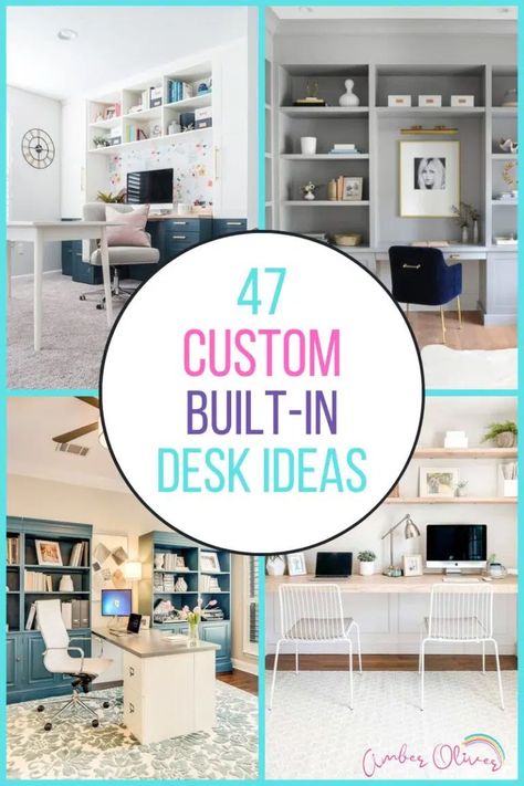 Built In Office Desk And Cabinets, Home Office Built Ins With Desk, Colorful Craft Room, Diy Built In Desk, Built In Desk And Shelves, Office Room Ideas, Office Layout Ideas, Diy Office Desk, Desk Nook