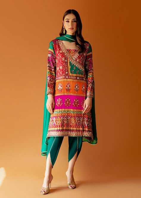 All Women Deals - Laam Punjabi Outfits For Women, Silk Pant Suit For Women, Work On Printed Suits, Tulip Pants Suit, A Line Suits Indian, A Line Suit Designs, Tulip Pants Outfit, Fitted Raw Silk Sets With Multicolor Embroidery, Multicolor Embroidered Raw Silk Kurta With Dupatta