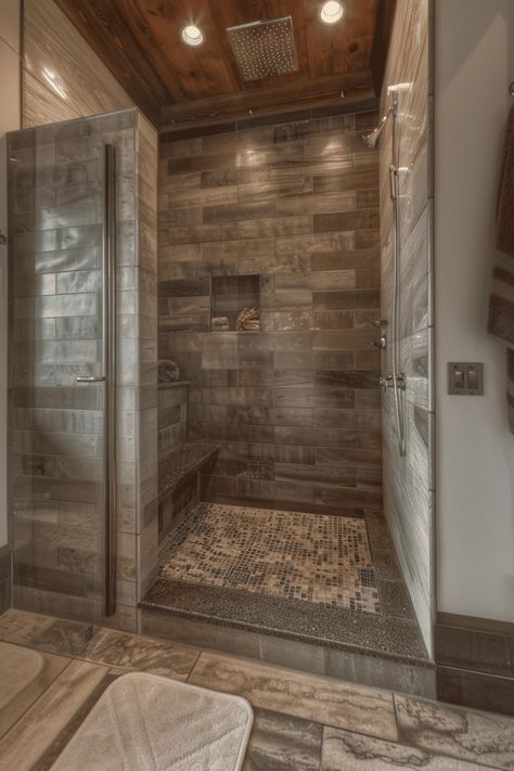 Upgrade your small bathroom with these modern and sleek walk-in shower designs All Tile Shower Walk In No Door, Rustic Tiled Shower Ideas, Walk In Showers With Window, Small Rustic Shower Ideas, Small Walk In Shower Ideas Tile, Shower With No Door Walk In, Bathroom Ideas Shower Walk In, Walk In Shower Farmhouse, Walk In Shower With Door