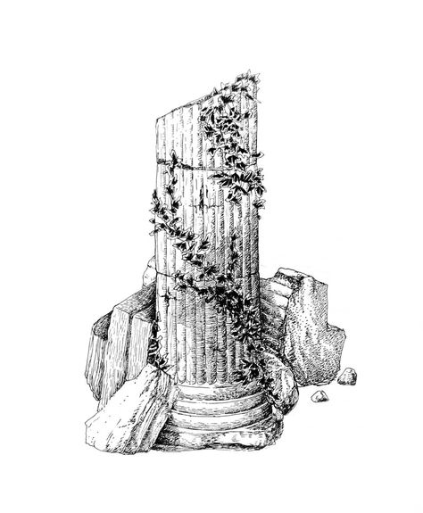 Ruins#ivy #ancient #column #temple #ruins #plant #time #illustration #drawing #blackwork #igblackandwhite Architectural Tattoo, Building Tattoo, Drawing Plants, Plants Drawing, Temple Tattoo, Time Illustration, Temple Drawing, Temple Ruins, Roman Columns