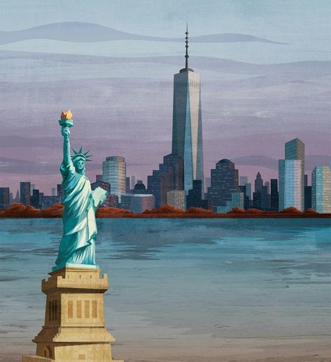 Statue Of Liberty Illustration, Nyc Skyline Art, New York City Illustration, Location Illustration, Nyc Illustration, Statue Of Liberty Drawing, Nyc Painting, New York Drawing, New York Statue Of Liberty