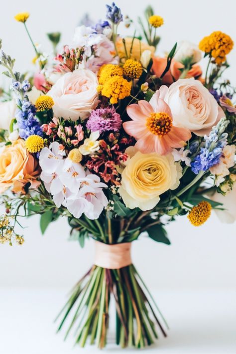 Sunlit Meadow Charm Spring Bridal Bouquet Wedding Bouquets Garden Style, Multi Color Bridal Bouquet, Blue And Yellow Flower Bouquets, Spring Wedding Bouquets Wildflowers, May Flower Bouquets, Spring Wildflower Bouquet, Fall Wildflower Bouquet, Spring Bouquet Wedding, Spring Wedding Bouquet Ideas