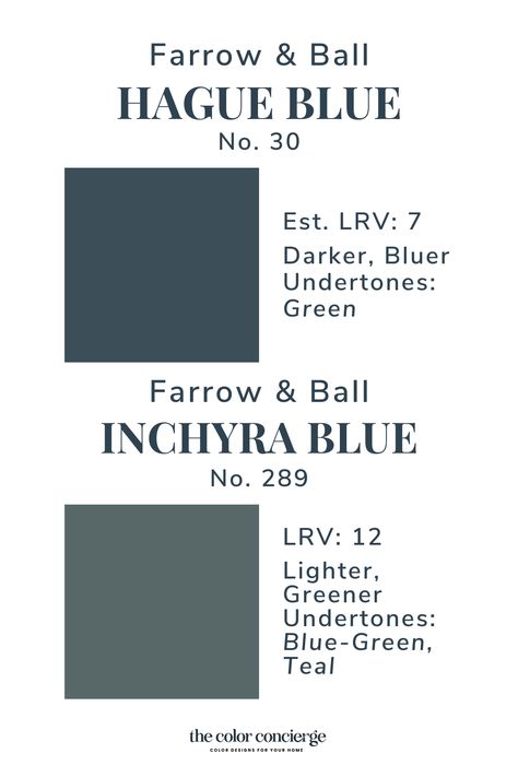 Hauge Blue Paint Farrow And Ball, Hague Blue Bathroom, Hague Blue Kitchen, Farrow And Ball Inchyra Blue, Foyer Colors, Blue Interior Paint, Dark Blue Paint Color, Teal Paint Colors, Inchyra Blue