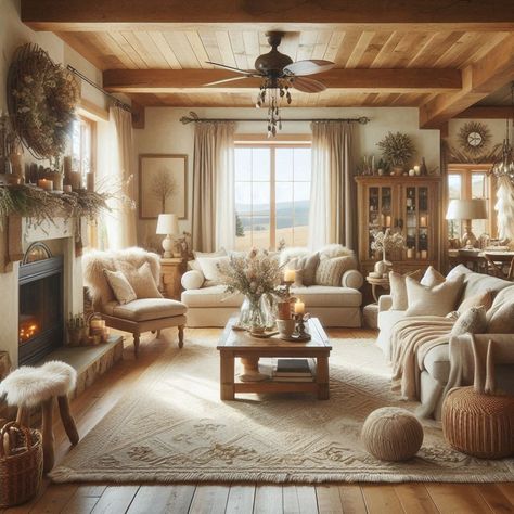 Comfy Warm Farmhouse Living Room Farmhouse Living Room Low Ceiling, Country Farmhouse Living Room Furniture, Country Traditional Living Room, Farmhouse Den Furniture, Tan And White Living Room Ideas, Cozy Living Room With Brick Fireplace, Farmhouse Antique Living Room, Country House Design Interior, Farmhouse Cabin Living Room