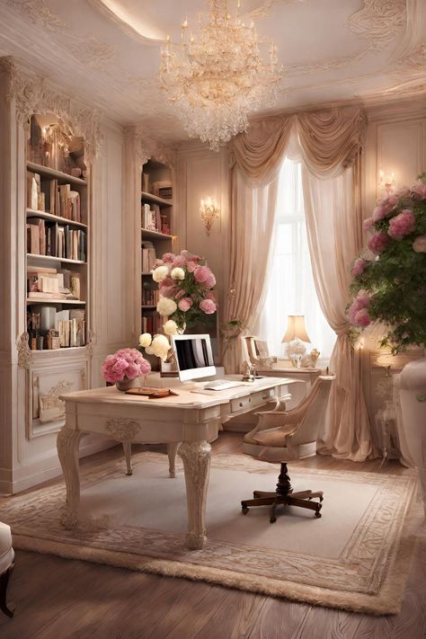 Elegant Writing Desk, Baroque Office Design, Bridgertons Aesthetic Room, Gorgeous Home Office, Bridgerton Inspired Office, Bridgerton Home Aesthetic, Victorian Office Aesthetic, Cozy Victorian Living Room, Ethereal Office