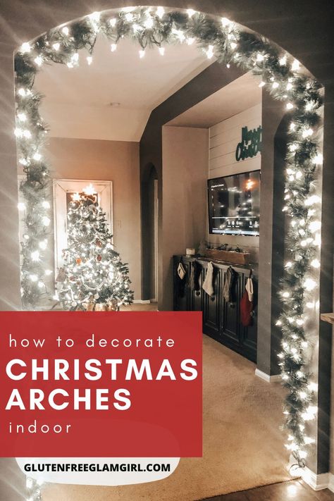 Christmas Decor Ideas For Arches, Christmas Garland Large Doorway, Decorating Basement For Christmas, Christmas Decor For Doorways, Arch Way Christmas Garland, Christmas Archways Diy, Diy Lighted Garland Christmas, Indoor Doorway Garland Christmas, Christmas Doorway Ideas