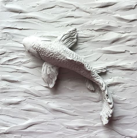 9x9 Concrete Koi Fish Tile without color or sealer Ceramic Coy Fish, Clay Koi Fish Tutorial, Fish Relief Sculpture, Koi Fish Statue, Pottery Koi Fish, 3d Fish Art, Koi Fish Clay Sculpture, Fish Sculpture Clay, Koi Fish Ceramics