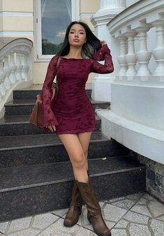 Short Dress With Flared Sleeves, Red Birthday Outfit Winter, Fall Skirt And Dress Outfits, Short Winter Dress Outfit, Clubbing Dress Outfits, Red Dress Brown Boots, Cute Dresses For Date, Winter Date Dress, Winter Outfits For Birthday Party