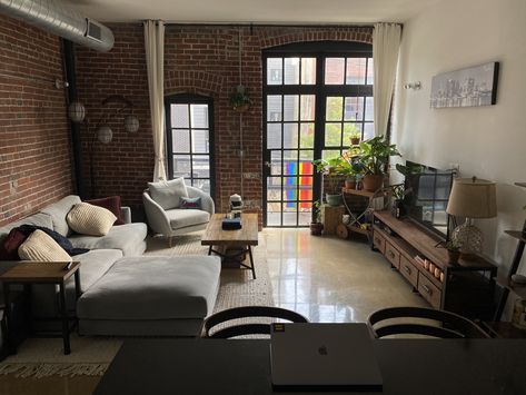 Brick Apartment Living Room, Convertible Apartment Ideas, Brick Wall Apartment Aesthetic, Downtown Apartment Aesthetic, Cozy Loft Apartment, Run Down Apartment, Nyc Studio Apartment, Brick Apartment, Studio Apartment Living