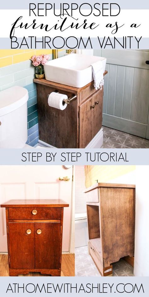 Repurposed furniture as a DIY Bathroom vanity. Ideas for unique bathroom vanities for small space from a vintage cabinet. A step by step tutorial for how to upcycle furniture for a bathroom vanity. Recycled furniture is good for the earth and less expensive than buying a new vanity. Diy Bathroom Vanity Ideas, Upcycled Bathroom Vanity, Containers For Bathroom, Diy Bathroom Sink, Dresser Vanity Bathroom, Bathroom Vanity Ideas, Small Bathroom Diy, Upcycle Furniture, Unique Bathroom Vanity