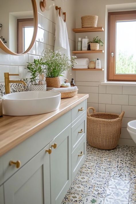 Boho Chic Restroom, Natural Boho Bathroom Ideas, Boho Interior Design Bathroom, Farmhouse Apartment Aesthetic, Boho House Remodel, Bathroom Relaxing Decor, Boho Farmhouse Decor Bathroom, Guest House Bathroom Ideas, Boho Home Decor Bathroom