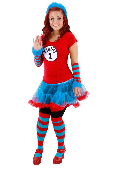 Cat In The Hat Thing 1 or Thing 2 Tutu Adult Costume from BirthdayExpress.com 3 People Halloween Costumes, Seuss Costumes, Dr Seuss Costumes, 3 People Costumes, Tutu Dress Costumes, Striped Knee High Socks, Thing 1 And Thing 2, Dr Seuss Week, Read Across America