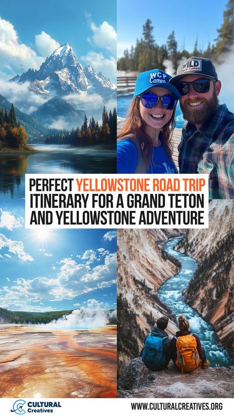 A collage showcasing a Perfect Yellowstone Road Trip Itinerary for a Grand Teton and Yellowstone Adventure, with majestic mountain views, a couple smiling near hot springs, colorful geothermal features, and hikers admiring a scenic canyon. Denver To Yellowstone Road Trip, Yellowstone And Glacier Road Trip, Yellowstone Vacation With Kids, Yellowstone West Entrance Itinerary, Road Trip To Yellowstone National Park, 3 Day Yellowstone Itinerary, Yellowstone Road Trip Itinerary, Yellowstone Road Trip, Yellowstone Itinerary