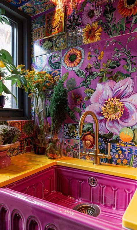 Maximalist Interior Design Kitchen, Eclectic Maximalism Aesthetic, Artistic Home Interior, Kitchen Aesthetic Wallpaper, Rustic Maximalist Decor, Whimsicraft Aesthetic, Home Decor Ideas Yellow, Maximalist Homes, Wallpaper In Kitchen