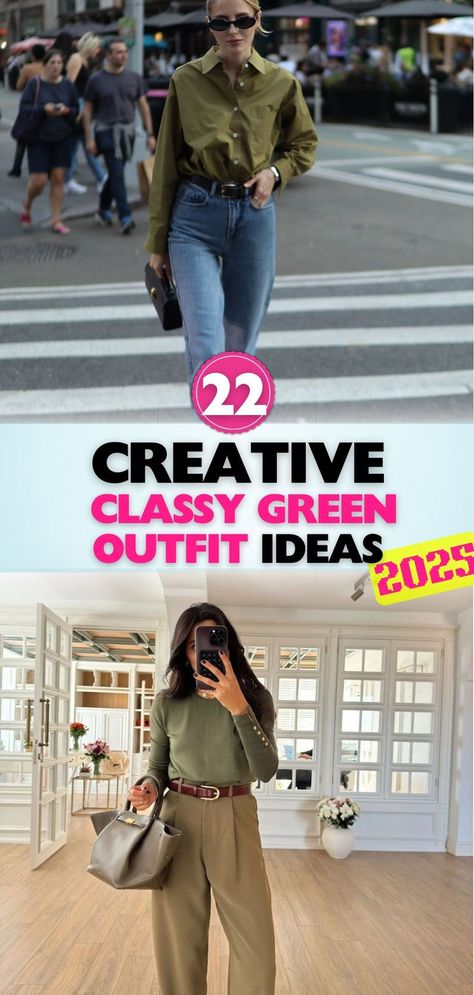 Chic, sophisticated, and versatile: these classy green outfit inspirations are perfect for any season. Find your next go-to look for both casual and formal. Green Work Outfits Women, Dark Green Shirt Outfit Women, How To Style A Green Shirt, Dark Green Shirt Outfit, Green Top Outfit Ideas, Sage Outfits, Green Shirt Outfit, Outfits Color Combos, Green Shirt Outfits