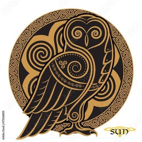 Celtic Owl Tattoo, Rune Vichinghe, Celtic Owl, Moon Ornament, Celtic Artwork, Celtic Moon, Celtic Viking, Celtic Style, Viking Art