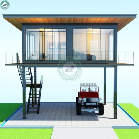 Elevated Container House Design, Tiny House Roof Deck, Container House On Stilts, Shipping Container Home On Stilts, House On Stilts Plans, House On Stilts Ideas, Elevated Tiny House, Stilt House Plans Modern, Modern House On Stilts