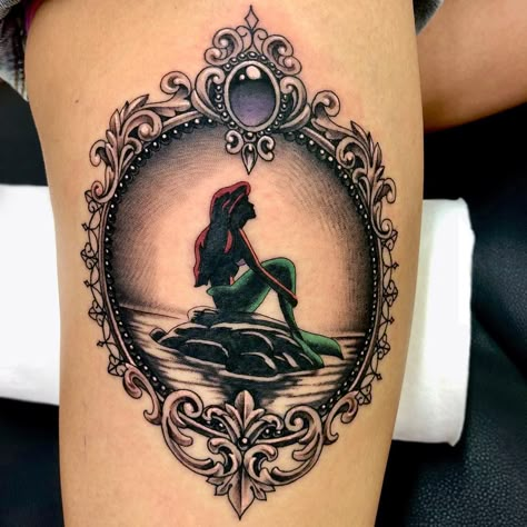 Mermaid Mirror Tattoo, Ariel Tattoo The Little Mermaid, Disney Tattoos Ariel, Little Mermaid Tattoo Ideas, The Little Mermaid Tattoo, Saints Tattoo, Ariel Tattoo, Disney Inspired Tattoos, Saint Tattoo