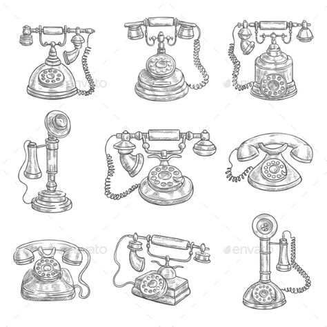 Old Retro Phones Pencil Sketch Icons Telephone Drawing, Retro Phones, Telephone Retro, Antique Phone, Telephone Vintage, Sketch Icon, Retro Phone, Vintage Phones, Tattoo Project