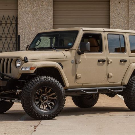 Our Gobi Tan Starwood #SignatureFinish compliments this Custom Jeep Wrangler build superbly along with BF Goodrich tires, Fuel Off-road wheels, Evo MFG 3.5" lift kit and #customleather interior! #starwoodmotors #starwoodcustoms #customjeep #starwoodjeep Tan Jeep Wrangler, Jeep Wrangler Tires, Jeep Wrangler Wheels, Silverado 4x4, Jeep Concept, Jl Wrangler, Jeep Interiors, Custom Jeep Wrangler, Jeep Decals