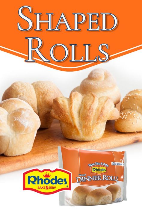 Butterflake, cloverleaf, and swirl rolls on a wooden board. Rhodes logo and packaging. Dinner Rolls Shaped Like Turkey, How To Shape Dinner Rolls, Turkey Shaped Bread Loaf, Turkey Shaped Rolls, Frozen Rolls Recipes, Rhodes Bread Dough Recipes, Shaped Dinner Rolls, Rhodes Bread Recipes, Rolls For Thanksgiving