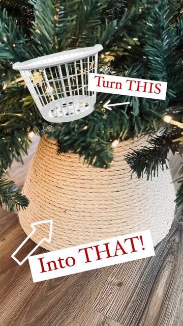 Emma Villaneda on Instagram: "I love this rope collar DIY even more than the bucket one! 🙊🎄♥️ Rope is linked in my Amazon, I used 1 pack of 100ft. Materials: - Laundry Basket (Dollar Tree) - Rope (Amazon)*I used about 100ft of 3/8” rope, you will need less if you have thicker rope* - Hot Glue/ Glue Gun - Scissors ✂️ • • • • #christmas #christmasdecor #diy #craft #homedecor #holiday #holidaydecor #design #home #diyhomedecor #interior #homedesign #interiordesign #potterybarn #explorepage #trending #reelvideo #newreel #art #dollartree #dollarstore #creative #holidayseason #christmastime" Unique Christmas Tree Base Ideas, Laundry Basket Christmas Tree Collar, Diy Christmas Tree Stand For Real Tree, Laundry Basket Tree Collar, Tree Collar Diy, Diy Tree Collar, Diy Christmas Tree Collar, Tree Collar Christmas, Christmas Tree In Basket