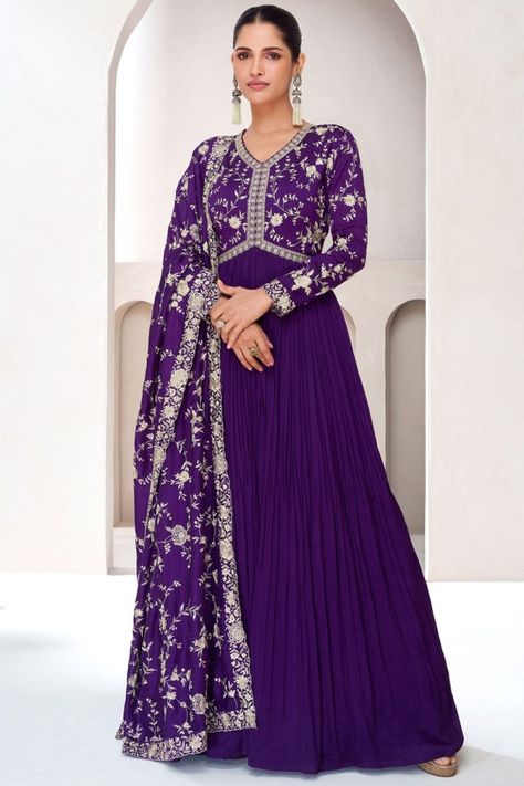 Violet Georgette Anarkali Gown with Embroidered Dupatta Silk Anarkali Gown, Anarkali Lehenga Gowns, Engagement Gown, Designer Sarees Wedding, Georgette Anarkali, Silk Anarkali, Gown With Dupatta, Anarkali Lehenga, Lehenga Style