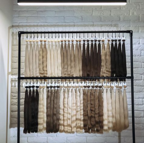 Hair Extensions Wall Display Ideas, Salon Hair Extension Wall, Hair Extension Salon Display, Hair Extension Organization, Salon Hair Extensions, Hair Extension Display Rack, Hair Extensions Display Wall, Hair Extensions Display Ideas, Hair Extension Specialist