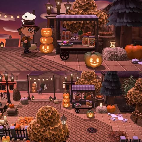 Acnh Halloween Space Fillers, Acnh Halloween Decor, Animal Crossing Halloween Island Ideas, Animal Crossing Island Inspiration Halloween, Autumn Acnh Ideas, Halloween Ideas Acnh, Acnh Fall House, Halloween Town Acnh, Spooky Acnh Ideas