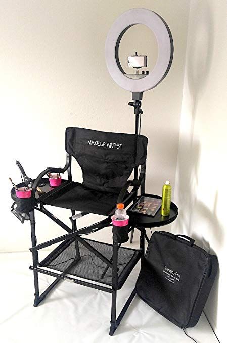 UNIQUE -TuscanyPRO Folding-Compact Makeup Artist Chair (29" SEAT HEIGHT) w/ 18″ LED Ring Light-CHAIR CARRY BAG INCLUDED-BEST COMBO DEAL IN THE INDUSTRY!!! Makeup Chair Ideas, Makeup Artist Room, Office Sanctuary, Makeup Studio Ideas, Makeup Artist Tools, Makeup Artist Chair, Artist Chair, Makeup Studio Decor, Chair Photography