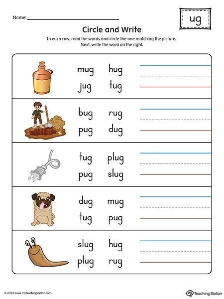 Improve students learning of simple words ending in - UG by circling the word that matches the picture and then writing it. Ug Word Family, Word Family Reading, Articles Activities, Ccvc Words, Words Worksheet, Word Family Worksheets, Family Worksheet, Workbook Design, Teaching The Alphabet