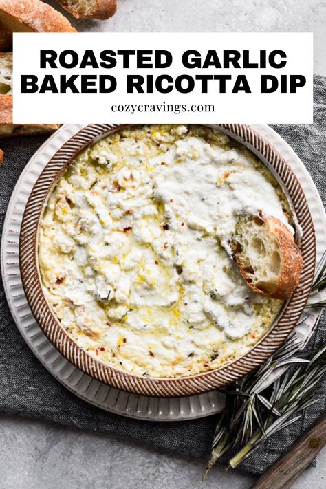 Dip For Crusty Bread, Baked Riccota Cheese Dip, Whipped Ricotta With Garlic And Herb Dipping Oil, Baked Garlic Dip, Ricotta Bread Dip, Dips With Crusty Bread, Roasted Garlic Appetizer Recipes, Roasted Garlic Appetizer, Ricotta Dip Recipes Appetizer Ideas