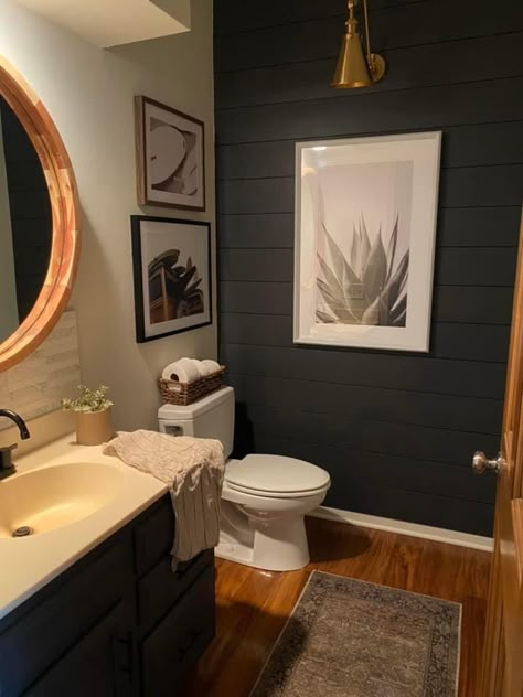 Black Evergreen Bathroom, Dark Wall Half Bath, Black Vanity Green Walls Bathroom, Half Bath Design Ideas Modern, Black Shiplap Powder Room, Charcoal Gray Bathroom Walls, Dark Colored Bathrooms, Dark Accent Wall Bathroom, Small Bathroom Dark Walls