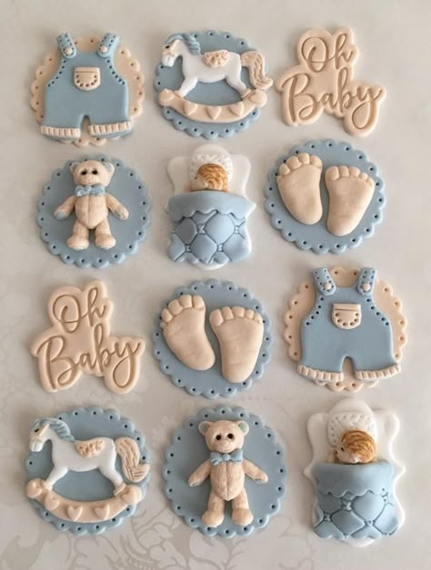 Cupcakes With Fondant Decorations, Baby Boy Shower Cupcake Ideas, Cupcakes For Baby Shower Boy, Baby Boy Cakes For Baby Shower Blue, Cupcake Baby Shower Boy, Baby Boy Cupcake Ideas, Bear Baby Shower Cupcakes, Teddy Bear Baby Shower Cupcakes, Baby Shower Cupcakes Boy