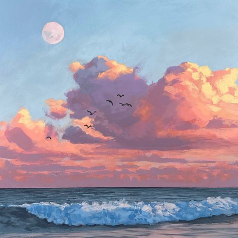 Moon Banner, Sunrise Painting, 2023 Art, Lovely Photo, Pastel Sky, Landscape Art Painting, Sky Painting, Sea Painting, Wood Panels