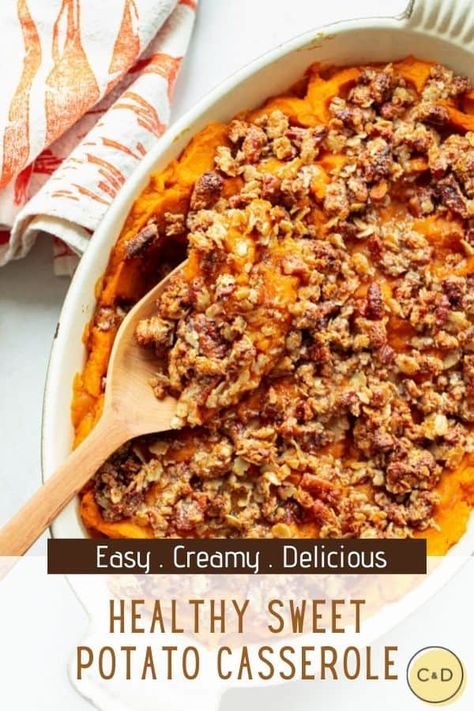 Incredibly delicious, healthy sweet potato casserole with a crunchy pecan crumble topping is a lightened up version of the classic. It's the perfect side dish for your holiday meals! This recipe can easily be made vegan and gluten free too! Pecan Crumble Topping, Healthy Sweet Potato Casserole, Mashed Sweet Potatoes Healthy, Sweet Potato Casserole Healthy, Pecan Crumble, Traditional Holiday Recipes, Sweet Potato Thanksgiving, Sweet Potato Recipes Healthy, Healthy Sweet Potato