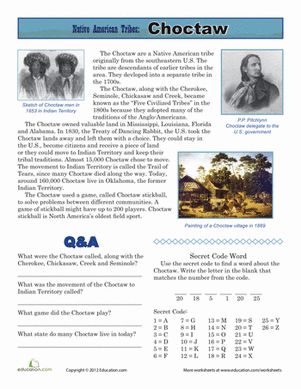 Young readers can discover the history of the Choctaw Native American tribe with this history worksheet. Choctaw Tribe, Choctaw Indian, Native Americans Unit, Choctaw Nation, Native American Wisdom, 5th Grade Social Studies, American Indian History, Trail Of Tears, Native Pride