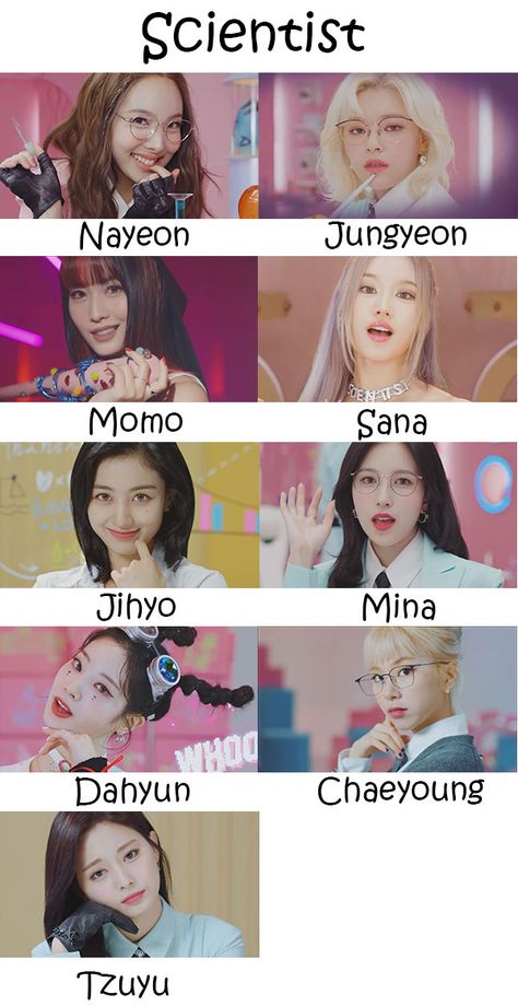 Twice Scientist Who’s Who | KpopInfo114 Video Comedy, Whisper Girls, Twice Fanart, Bubblegum Pop, Band Outfits, Sana Minatozaki, Who's Who, Nayeon Twice, Pop Dance