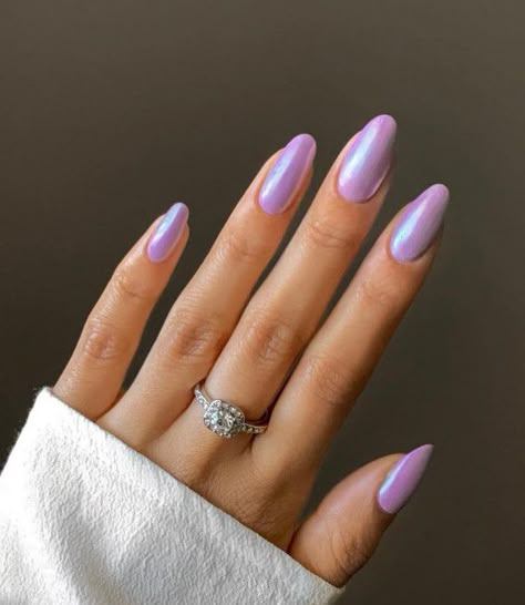 5. Lavender Chrome Almond Nails Looking for a summer nail art trend? Glazed beauty is having a moment. This subtle milky sheer and glossy... Nails Hailey Beiber, Nails Light Blue, Purple Chrome Nails, Nails Acrylic Almond, Blue Chrome Nails, Nails Round, Lilac Nails, Milky Nails, Chrome Nails Designs