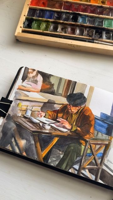 Sam | Watercolor Artist on Instagram: "I always love these little scenes outside cafes ☕️ Been such a busy week for me heading into finals 😅 . . #watercolor #watercolorart #watercolorpainting #watercolorartwork #artreels #painting #paintingprocess #sketchbookart #artprocess #artlovers #watercolorartistillustration" Watercolor Artist Aesthetic, Art Drawings Watercolor, Mundane Art, Watercolour Aesthetic, Water Colour Art, Busy Painting, Draw Watercolor, Painting Sketchbook, Sketchbook Watercolor